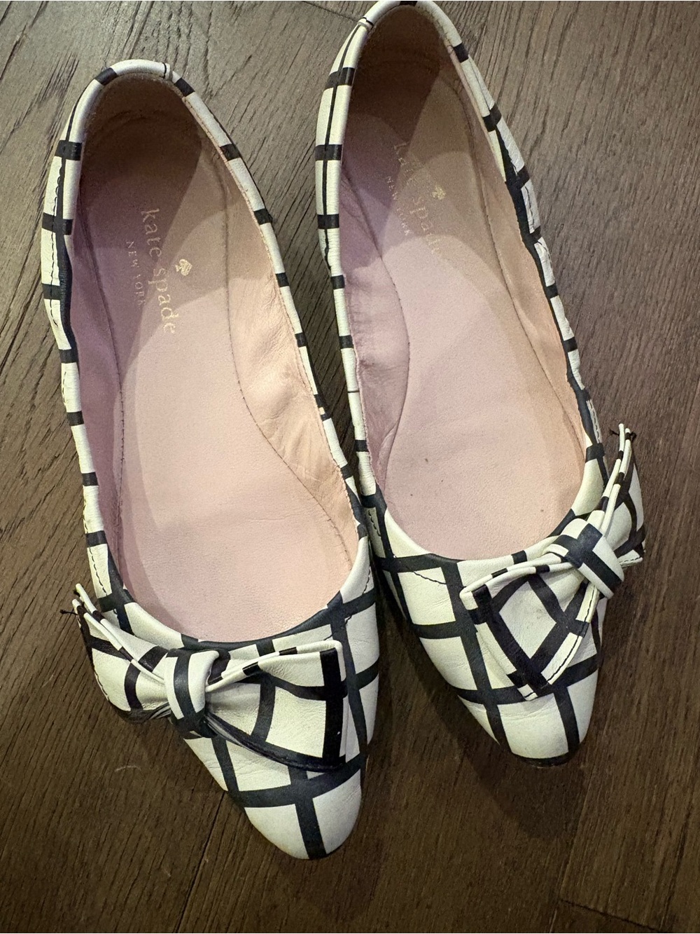 kate spade White & Black Grid Bow Pointed Toe Flats